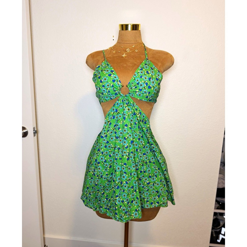 Green Blue Floral V-Neck Strappy Backless Cut-Out Tie Mini Dress Women S